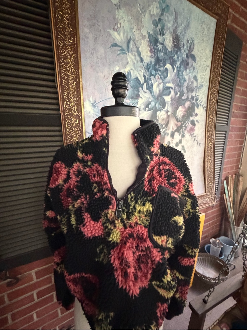 BDG Black Plush Half-Zip Sweater with Pink and Green Floral Motif